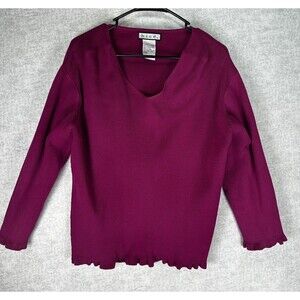 Bice Women’s Magenta Tight Knit V-neck Sweater Size XL Ruffle Hem